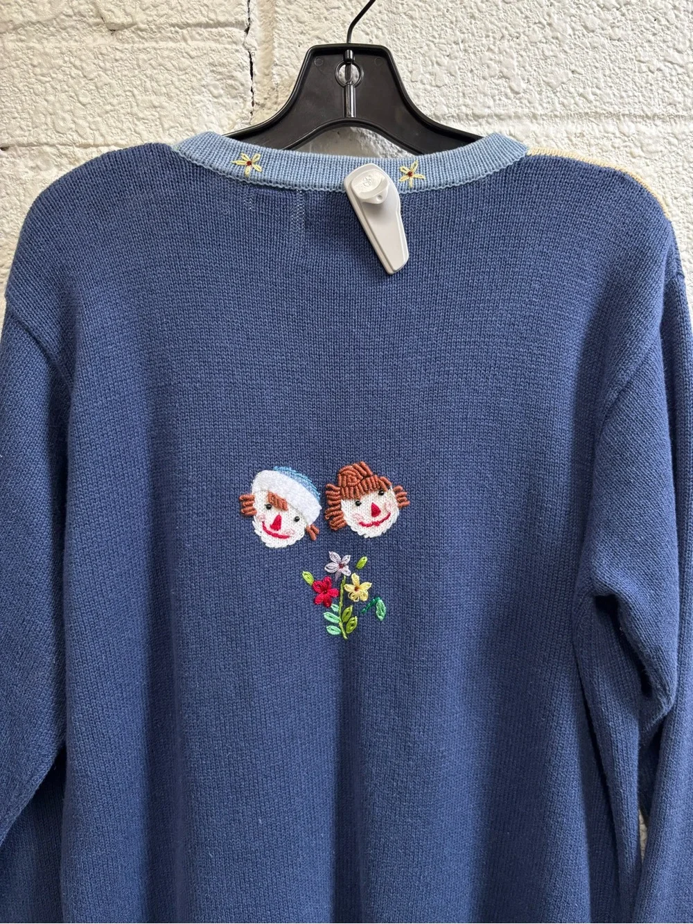 Vintage Storybook Knits Raggedy Anne Reading Embroidered Floral Cardigan